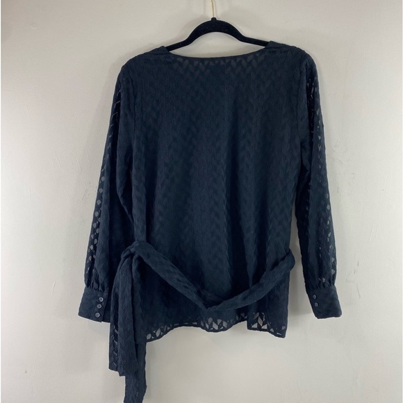 Ann Taylor Women’s Black Sheer Herringbone Long Sleeve Blouse Belted Blouse SzMP - Picture 6 of 7